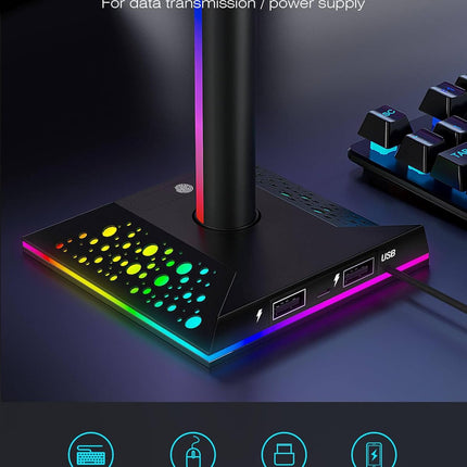 Headphone Stand Gaming Headset Holder RGB PC Gaming Accessories for Desk, Cool LED Headset Stand with 2 USB Charger for Gamer, Black