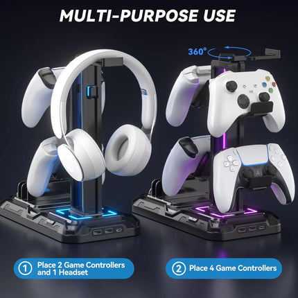 Charging Station, Headphone Stand RGB, Controller Holder with USB A&C PC Gaming Accessories Storage