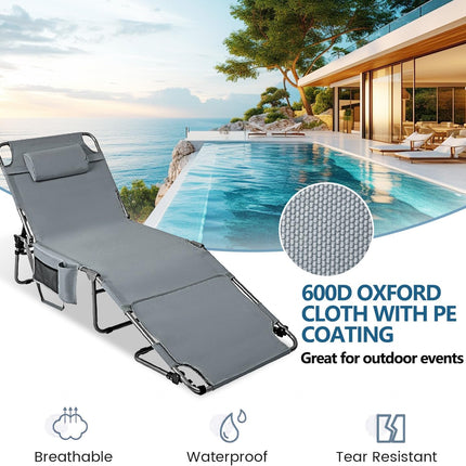 Tanning Chair with Face Hole, Adjustable Folding Chaise Lounge Chairs for outside with Detachable Pillow & Pocket，Portable Flat Beach Chairs for Sunbathing, Beach Lawns Camping (Deep Grey, Oversized)
