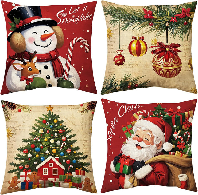 Christmas Pillow Covers 18X18 Inch Set of 4, Christmas Decorations Cushion Covers, Xmas Pillow Covers, Pillowcases Throw Pillow Covers for Sofa Couch Home Decor