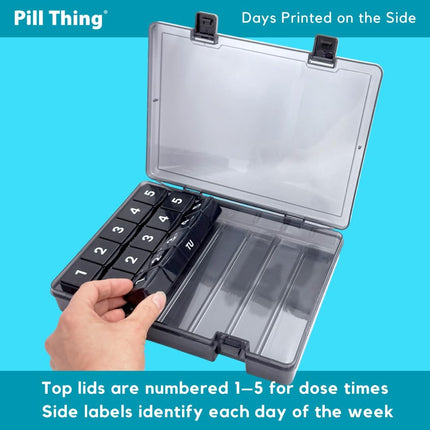 7-Day Weekly Pill Organizer with Secure Case, 5 Compartments per Day, Removable Tray, Medication Schedule, Travel Pill Box-Complex Medication Routine (5 Time-A-Day - Black)