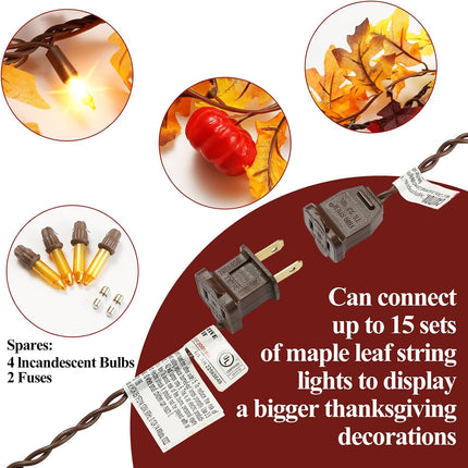 Fall Maple Leaf String Lights Plug in 120V UL Certified, Thanksgiving Decorations Fall Garland Lights String 8Ft with Traditional 35 Incandescent Bulbs for Halloween Garland Fall Decor for Outdoor