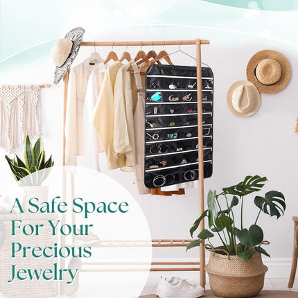 Hanging Jewelry Organizer with Zippered Pockets - (1 Pack) Black Closet Jewelry Organizer Storage with Hanger, 56 Pockets Dual Sided Earring Organizer Hanging for Bracelets, Watches, Ring
