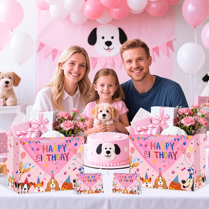 Dog Birthday Gift Bag Pink Puppy Happy Birthday Bags with Tissue Paper Greeting Card Large Cartoon Dogs Wrapping Bag for Boys Girls Dog Lover Pink Pet Bday Party Favors Supplies Decorations