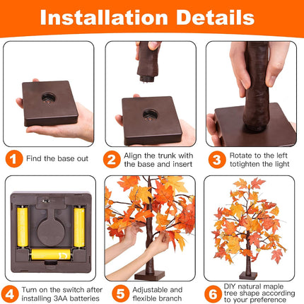 2 Pack 24 Inch Fall Maple Tree with 48LED Thanksgiving Table Decorations Battery Operated Lighted Tabletop Artificial Tree with Pumpkin Acorn Maple Fall Centerpieces Indoor Fall Decorations for Home