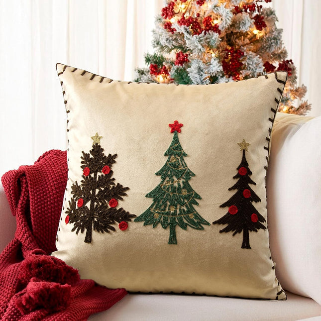 Christmas Tree Pillow Covers 18X18 Inch Gold Embroidered Tree Throw Pillows for Holiday Decorations - Cushions for Couch, Sofa, Bed, Living Room, Bedroom