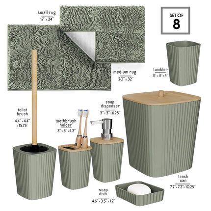 Complete 8 Piece Bathroom Accessory Set with Bamboo Accents, Trash Can, Toilet Brush & 2 Bath Rugs Included