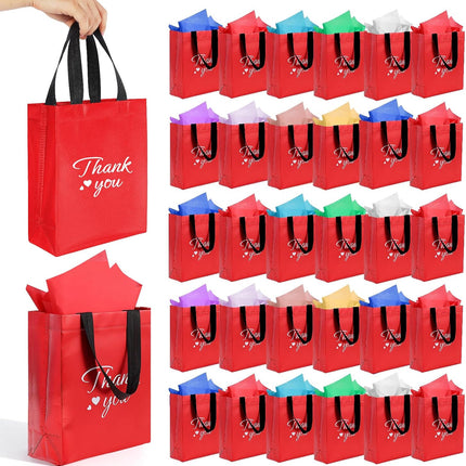 60 Pcs Reusable Gift Bags with Handles Set (10 X 8 X 4 Inch), Include 30 Thank You Bag & Tissue Paper, Medium Red Gift Bag Bulk for Birthday, Baby Shower, Bridal Shower, Wedding, Party & Events