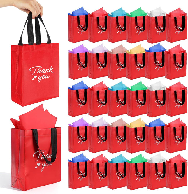 60 Pcs Reusable Gift Bags with Handles Set (10 X 8 X 4 Inch), Include 30 Thank You Bag & Tissue Paper, Medium Red Gift Bag Bulk for Birthday, Baby Shower, Bridal Shower, Wedding, Party & Events