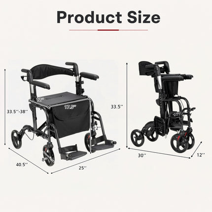 2-In-1 Folding Rollator Walker with Adjustable Handles and Reversible Backrest