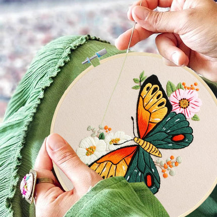 3 Pack Embroidery Starter Kit with Pattern, Flowers Butterfly Stamped Embroidery Kit Including Embroidery Fabrics, Bamboo Hoops, Threads Needles, Hobbies for Women (Green Purple Blue)