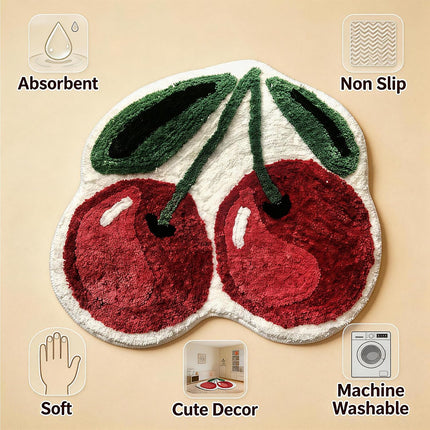 Cute Cherry Bath Mat, Non-Slip Absorbent Bath Mat Rug, Funny Cherry Bathroom Decor, Soft Flocked Bathroom Mat with Rubber Backing, 50X60Cm