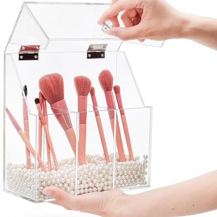 Makeup Brush Holder with Dustproof Lid, White Pearls, Acrylic Clear Makeup Brush Organizer with 3 Compartment, Large Cosmetic Brush Storage Box Case for Vanity, Bathroom, Bedroom