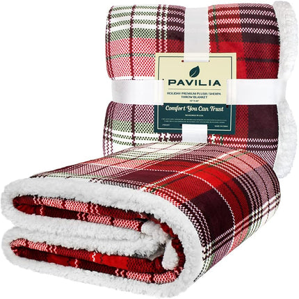 Red Green Christmas Plaid Sherpa Throw Blanket, Holiday Fleece Blanket 50" X 60", Soft Flannel Plush Throw for Couch, Sofa & Bed, Festive Winter Home Decor, Cozy