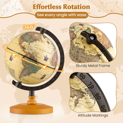 Antique Globe Dia 5.5 Inch Mini Rotating World Globe with Wooden Base