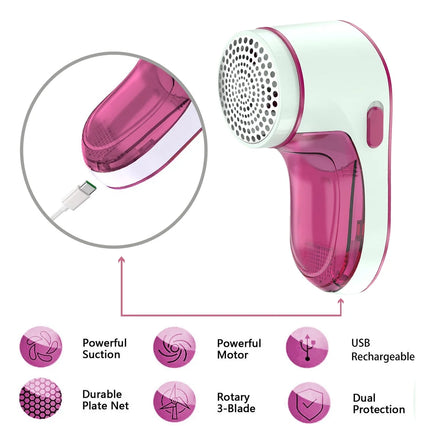 Electric Lint Remover, USB Rechargeable Fabric Shaver for Clothes, Cordless Sweater Defuzzer with 3 Stainless Steel Blades, Portable Bobble & Fuzz Remover, Red