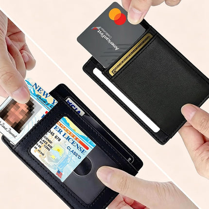 Slim Front Pocket Leather Wallet for Men and Women, RFID Blocking Minimalist Wallet with Clear ID Window, Slim Bussiness Card Holder Gift for Men Women