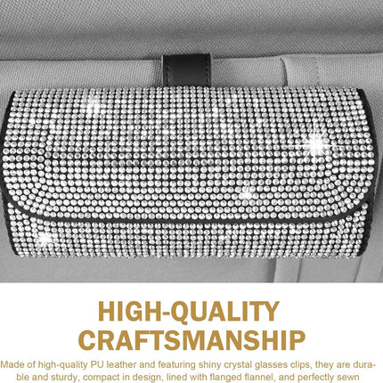 Bling Sunglasses Holder for Car Sun Visor, Rhinestone Auto Eyeglasses Mount Clip Organizer, Leather Sunvisor Sunglasses Storage Case, Universal Glasses Holder Clips for SUV, Sedan, Van (White)