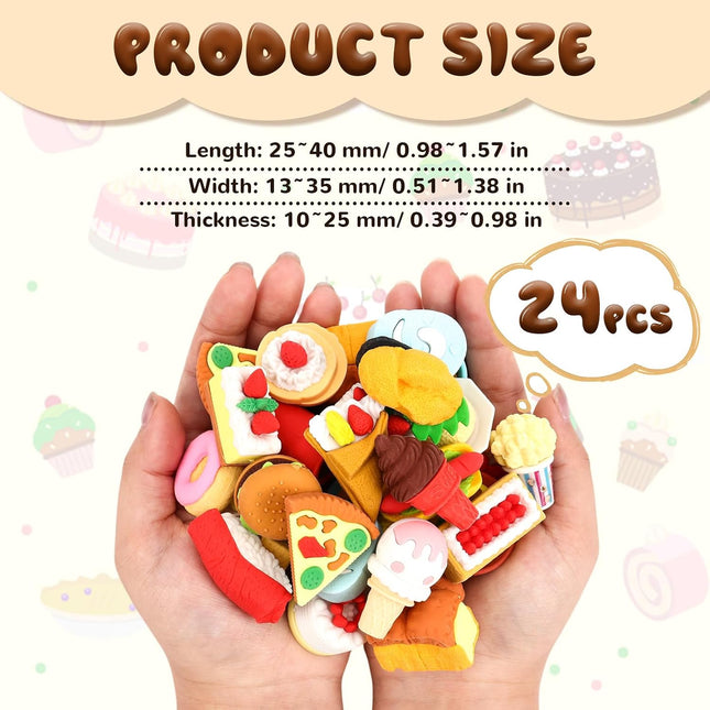 24 Pcs Mini Food Erasers, 3D Fruit Cake Dessert Pencil Erasers, Take Apart Puzzle Eraser Bulk for Classroom Prizes, Gifts Supplies, Back to School Party Party Favors