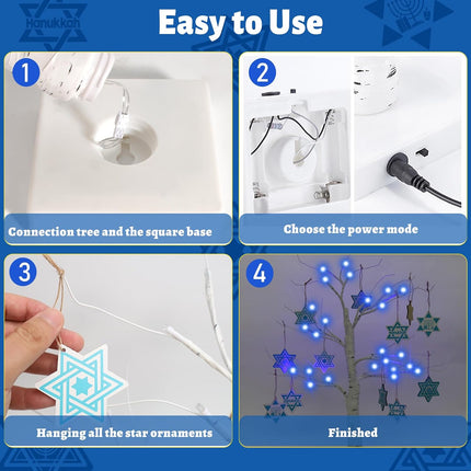 [Timer] 24'' Hanukkah LED Lighted Birch Tree with 12Pcs Ornaments,8 Lighting Modes Blue Lights Tabletop Pre Lit Tree Light for Christmas Hanukkah Decor