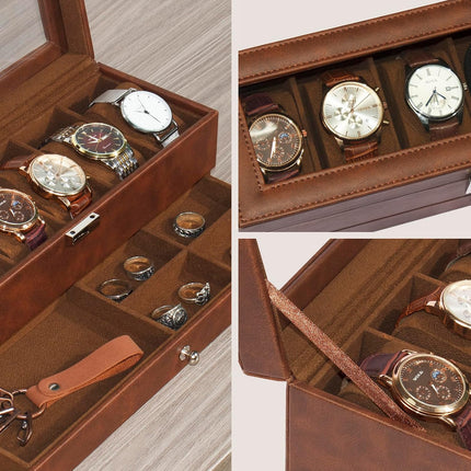 Watch Box for Men, 6 Slot Watch Case with Glass Lid Fits 48Mm