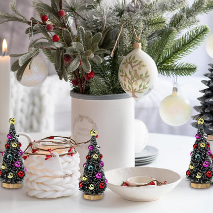 6 Pcs Artificial Mini Christmas Trees 4.3 Inch Frosted Green Bottle Brush Trees with Wood Bases Sisal Trees with White Snow and Ornaments for Winter Christmas Holiday Dollhouse Miniature Décor