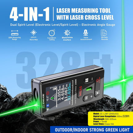 ZC-L387 Laser Distance Measuring Tool,328Ft Dual Green Laser Measure