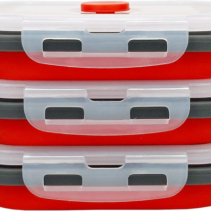 3Piece Collapsible Food Storage Containers with Lids, Silicone Lunch Container, Microwave & Freezer Safe, Space Saving for Kitchen Cabinet and Camping Backpack,(Red Gray)