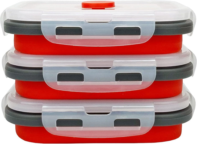 3Piece Collapsible Food Storage Containers with Lids, Silicone Lunch Container, Microwave & Freezer Safe, Space Saving for Kitchen Cabinet and Camping Backpack,(Red Gray)