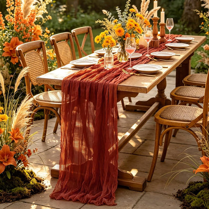 Fall Table Runner, 10FT Thanksgiving Terracotta Cheesecloth Table Runner 35*120Inch Burnt Orange Decor for Autumn Fall Wedding Baby Shower Friendsgiving Thanksgivig Home Kitchen Table Decorations