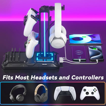 Charging Station, Headphone Stand RGB, Controller Holder with USB A&C PC Gaming Accessories Storage