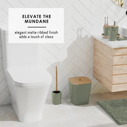 Complete 8 Piece Bathroom Accessory Set with Bamboo Accents, Trash Can, Toilet Brush & 2 Bath Rugs Included