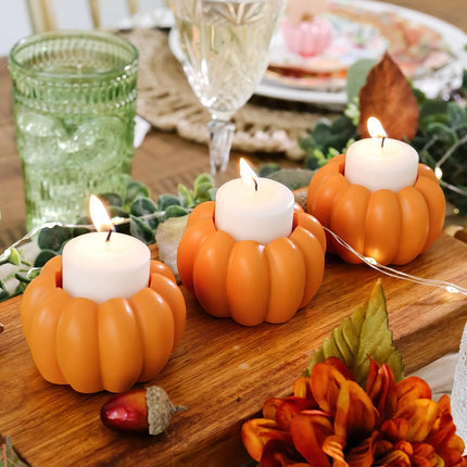 2-In-1 Pumpkin Candle Holder Set - Orange Fall Taper, Tealight & Votive Candle Holders - Pumpkin Table Centerpiece, Fall Candle Decor, Halloween Candlestick Holder (Set of 6)