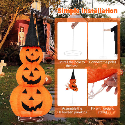 5 Feet Lighted Stacked Pumpkins Halloween Decoration with Witch Hat