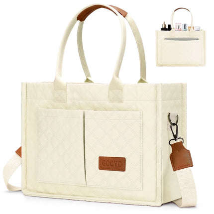 Quilted Tote Bags for Women, Lightweigh Puffy Tote Bag, Quilted Woman Bag for Work Travel(Beige)