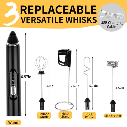 Rechargeable Milk Frother Handheld,3 Speeds Frother Wand with Stand, Coffee Frother for Coffee with 3 Stainless Whisks,Hand Mixer Electric Handheld for Lattes,Cappuccino,Matcha,Egg,Black