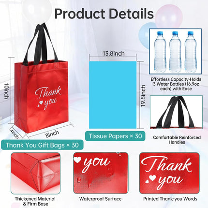 60 Pcs Reusable Gift Bags with Handles Set (10 X 8 X 4 Inch), Include 30 Thank You Bag & Tissue Paper, Medium Red Gift Bag Bulk for Birthday, Baby Shower, Bridal Shower, Wedding, Party & Events