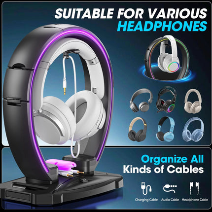 Headphone Stand, Controller Holder, RGB Gaming Headphone Stand with Cable Organizer for Desktop Organizers