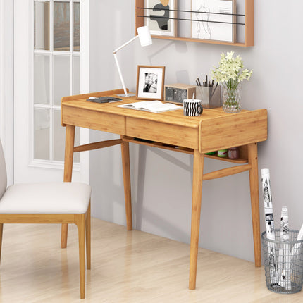 Bamboo Writing Desk with 2 Storage Drawers and Open Shelf