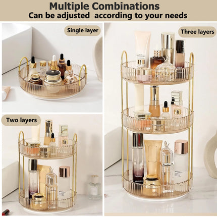 Makeup Organizer for Vanity, 3 Tier 360° Rotating Make up Storage Perfume Organizers for Bathroom Counter, Clear Cosmetic Dresser Lipstick Spinning Holder