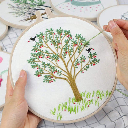 Full Range of Embroidery Starter Kit with Pattern, Cross Stitch Kit Including Embroidery Fabricwith Plants Pattern, Bamboo Embroidery Hoop, Color Threads and Tools Kit (Cherry Tree)