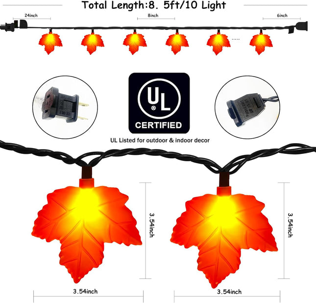 Fall Decor Maples Leaf String Lights, 8.5FT LED Maple Leaf Lights with 10 3D Maple Light, Plug in Fall Decorations for Indoor Outdoor Thanksgiving Christmas Halloween Harvest-Orange
