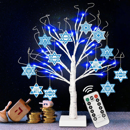 [Timer] 24'' Hanukkah LED Lighted Birch Tree with 12Pcs Ornaments,8 Lighting Modes Blue Lights Tabletop Pre Lit Tree Light for Christmas Hanukkah Decor