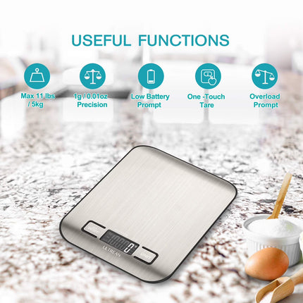 Food Scale, Digital Kitchen Scale Grams and Ounces for Baking, Cooking and Meal Prep, 6 Units with Tare Function, LCD Display, 304 Stainless Steel, 11Lb