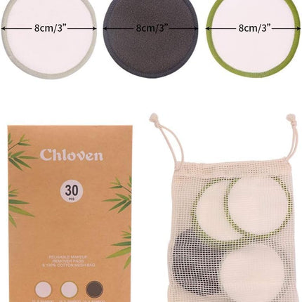 30 Pack Reusable Makeup Remover Pads Bamboo Cotton Rounds for Toner