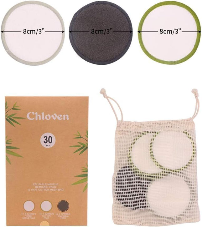 30 Pack Reusable Makeup Remover Pads Bamboo Cotton Rounds for Toner
