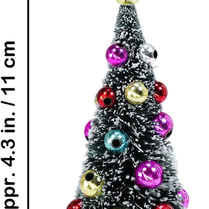 6 Pcs Artificial Mini Christmas Trees 4.3 Inch Frosted Green Bottle Brush Trees with Wood Bases Sisal Trees with White Snow and Ornaments for Winter Christmas Holiday Dollhouse Miniature Décor