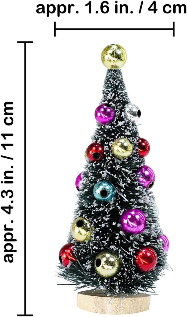 6 Pcs Artificial Mini Christmas Trees 4.3 Inch Frosted Green Bottle Brush Trees with Wood Bases Sisal Trees with White Snow and Ornaments for Winter Christmas Holiday Dollhouse Miniature Décor