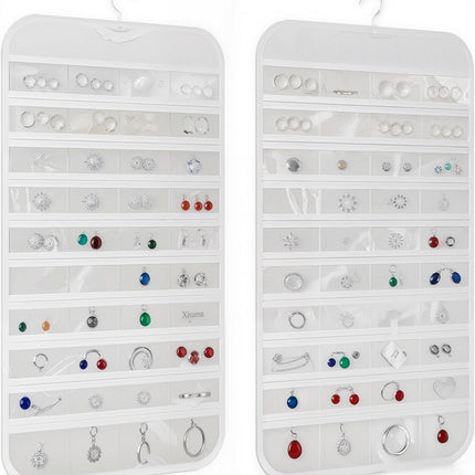 Hanging Jewelry Organizer Pockets Canvas Double Sided Rotating Hanger Necklace Hanging Wall Organizer Jewelry Roll for Earrings, Necklaces,Sunglasses,Rings (80-Pocket WHITE)