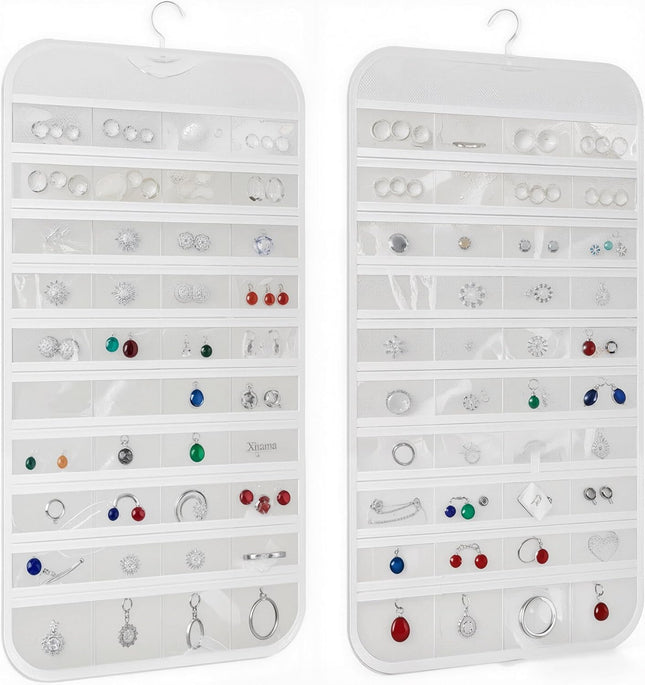 Hanging Jewelry Organizer Pockets Canvas Double Sided Rotating Hanger Necklace Hanging Wall Organizer Jewelry Roll for Earrings, Necklaces,Sunglasses,Rings (80-Pocket WHITE)